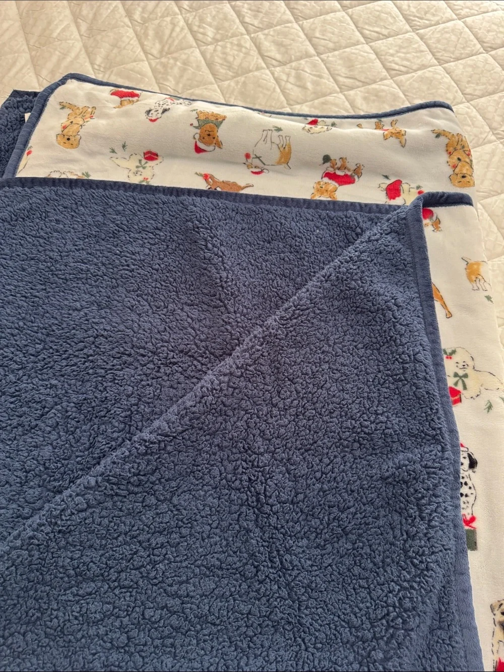 Festive Puppy Print Plush Dog Blanket - White with Red and Navy